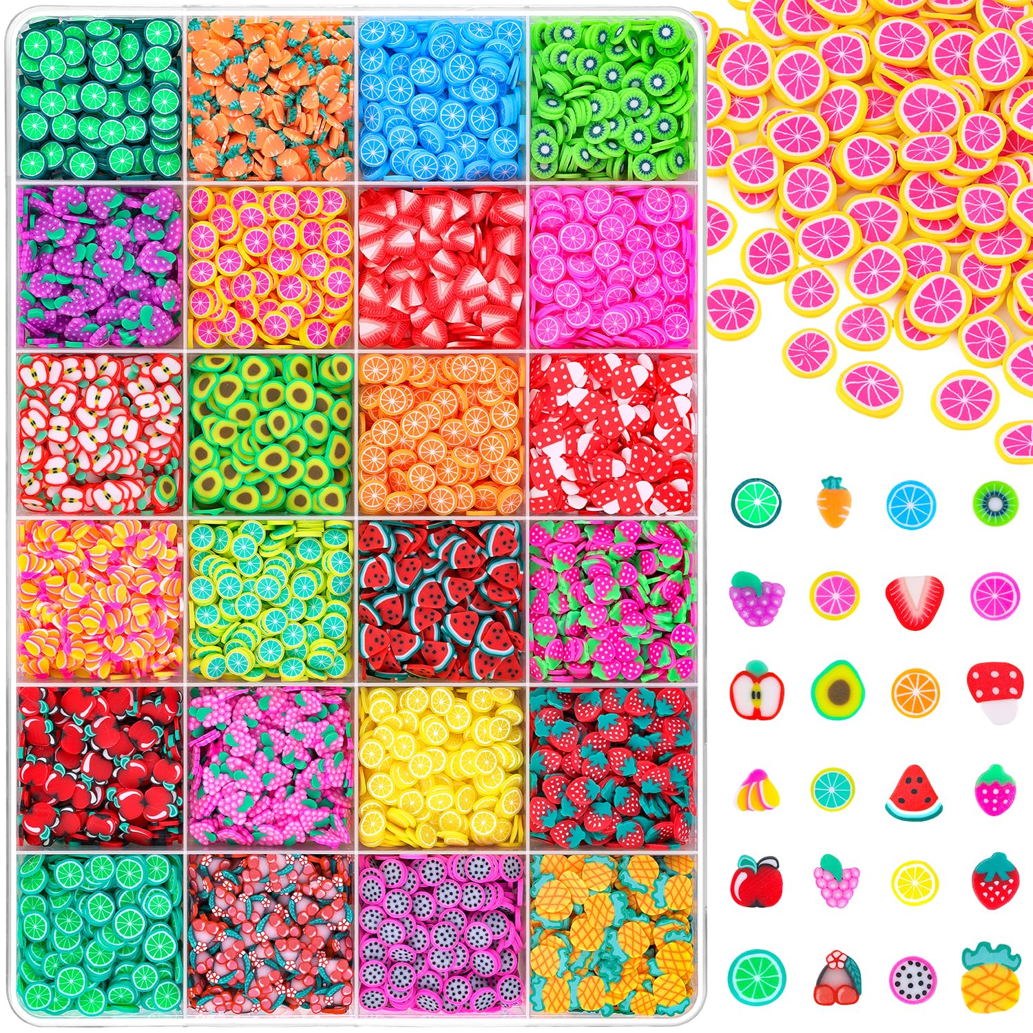 TINKRSTUFF Fruit Slice Polymer Clay Slime Add-Ins - 24-Grid Assorted Fimo Accessories for Nail Art & DIY Crafting