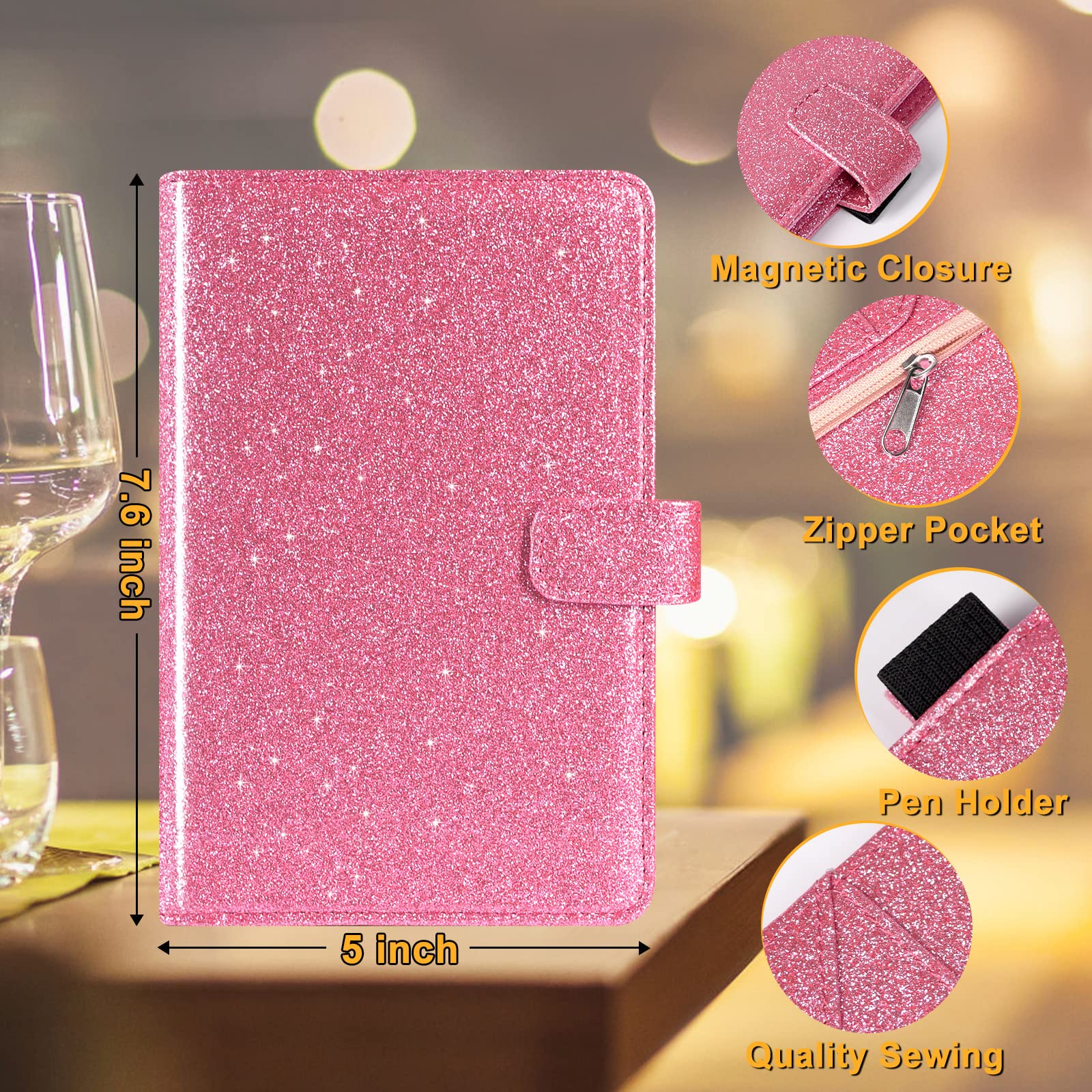 JKhandy Server Book for Waitress - Leather Waiter Book Server Wallet with Zipper Pocket, Cute Serving Book&Server Note Pads Holder with Magnetic Closure, Glitter Pink