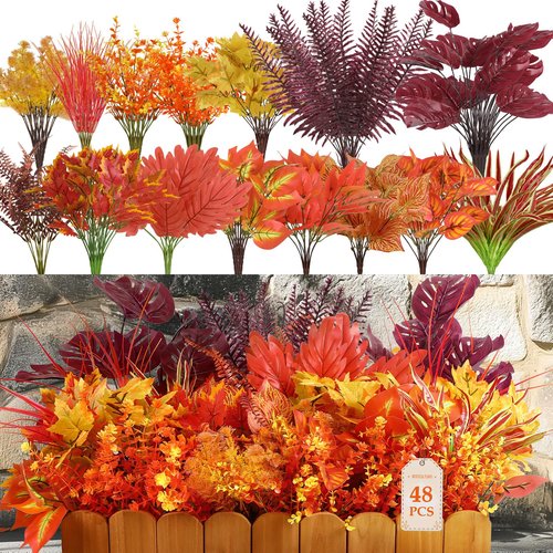 Alupssuc 48 Bundles Artificial Plants Outdoor, UV Resistant Fake Fall Flowers Ferns Stems Shrubs Faux Bushes Leaves Plastic for Indoor Outside Porch Garden Patio Window Office Entrance Bathroom Decor