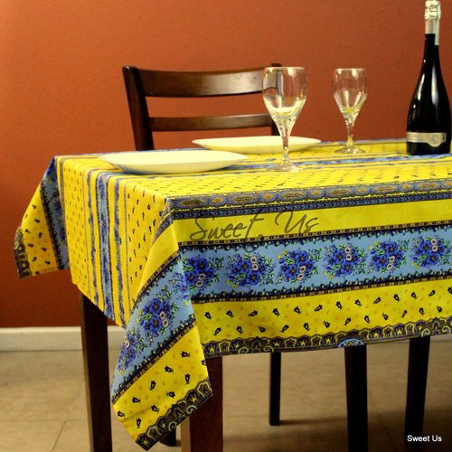 Sweet Us Wipeable Tablecloth Spill Resistant Acrylic Coated Floral Cotton French Provencal Yellow Tablecloth for Square Tables 52x52 inches Fleurs Eternelles