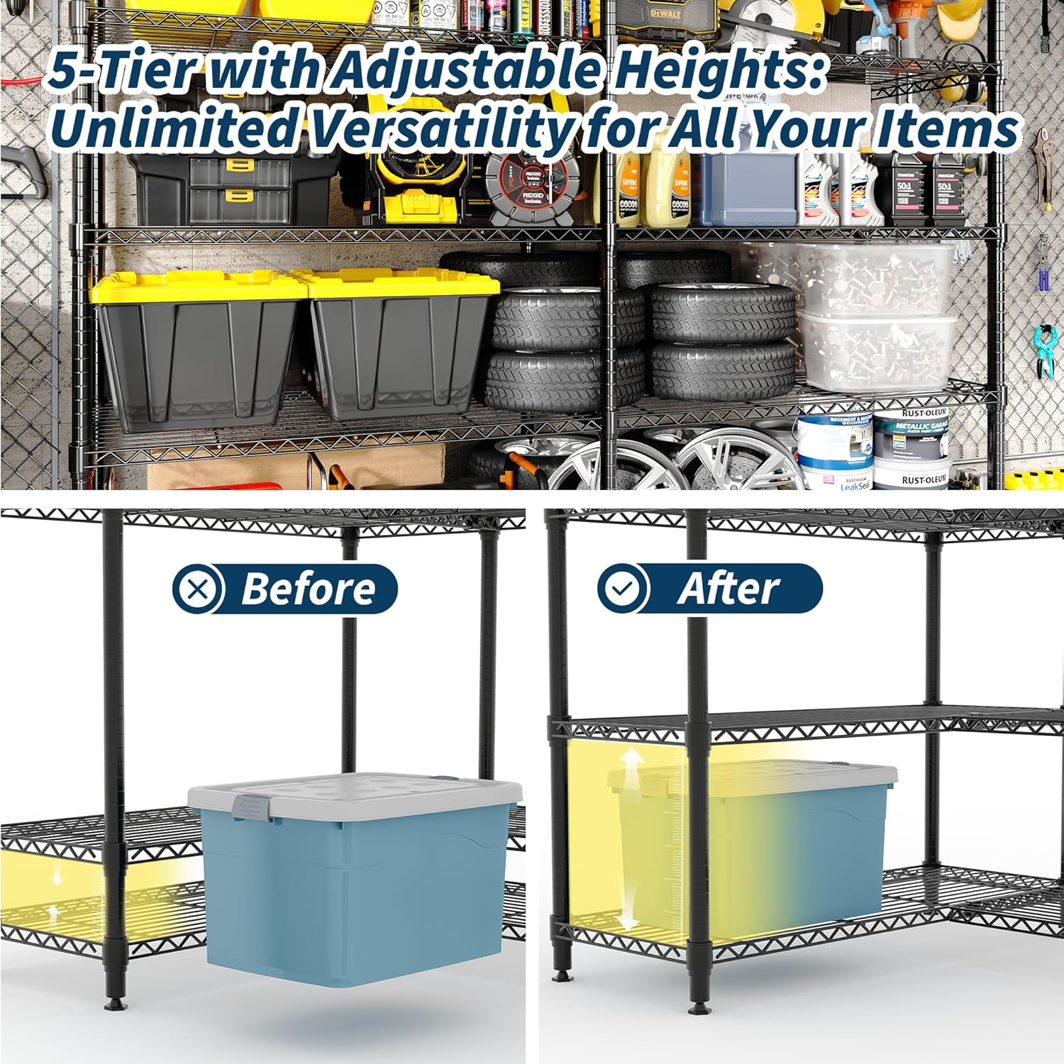 Skiennix 5-Tier Metal Shelving Unit - Heavy-Duty L-Shaped Kitchen Storage | 70.5" H x 59" W x 13.8" D