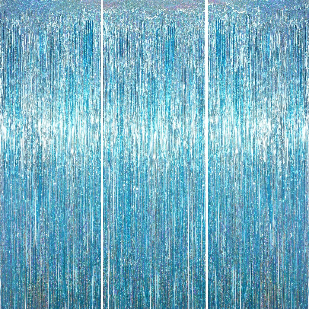 Voircoloria Foil Fringe Backdrop Curtains - Tinsel Streamers for Birthday, Baby Shower & Graduation | 3.3 x 6.6 ft, Light Blue