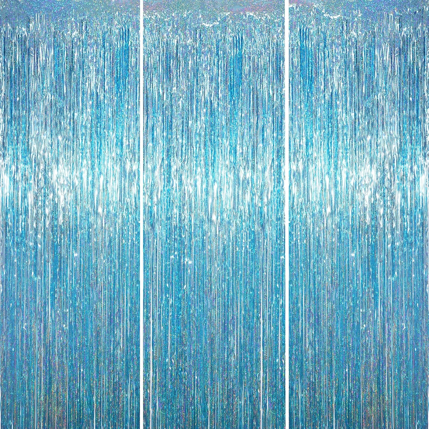 Voircoloria Foil Fringe Backdrop Curtains - Tinsel Streamers for Birthday, Baby Shower & Graduation | 3.3 x 6.6 ft, Light Blue