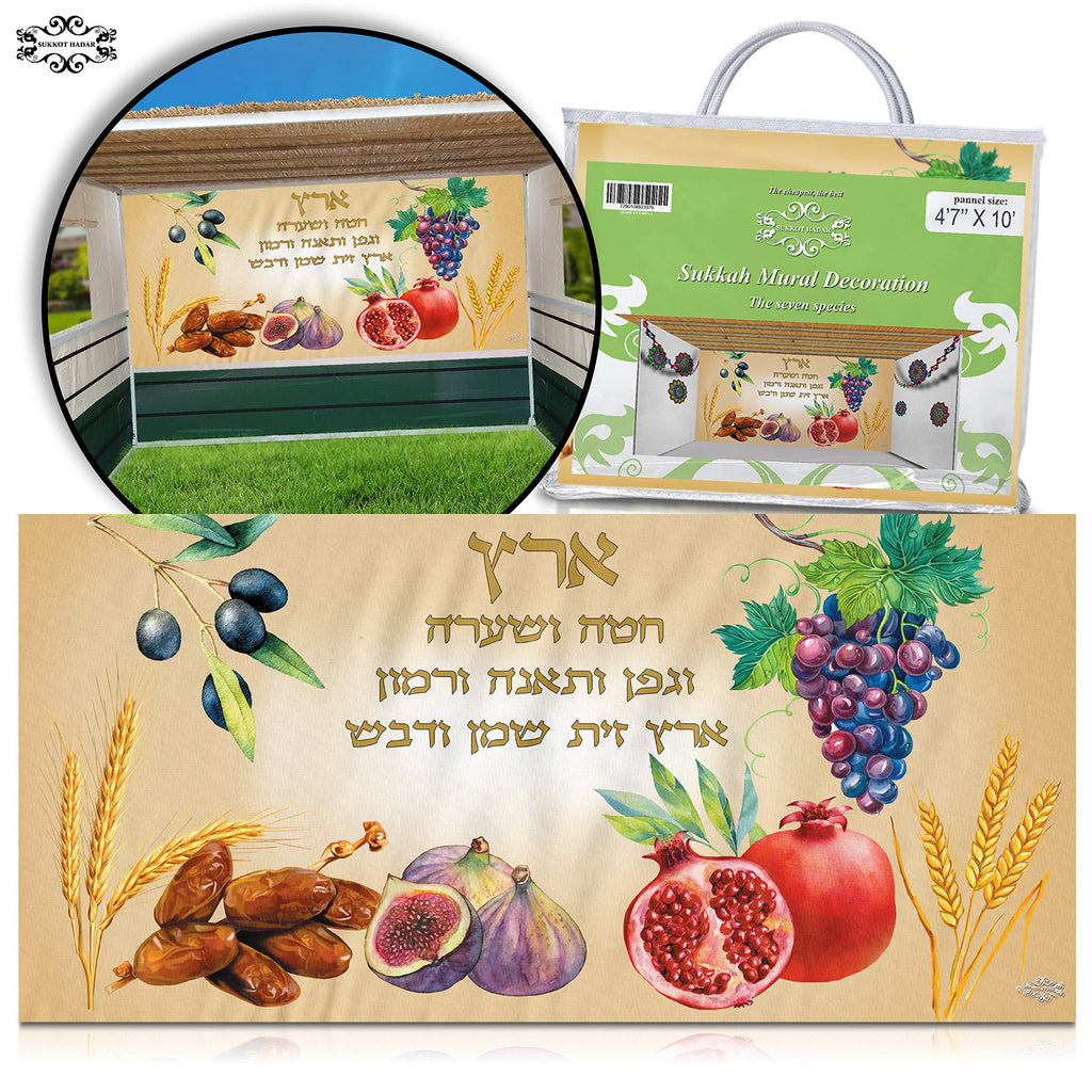 SUKKOT HADAR Sukkah Decoration: 4.7X10 Foot Vibrant Jewish Hanging Nylon Fabric Canvas Wall Banner, Hiddur Mitzvah Artwork with Bag (7 Minim Fabric)