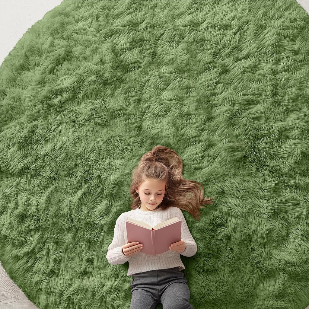 OLANLY Green Round Rug - Soft, Fluffy Shaggy Area Rug | 9 ft Circle for Bedroom & Living Room Decor