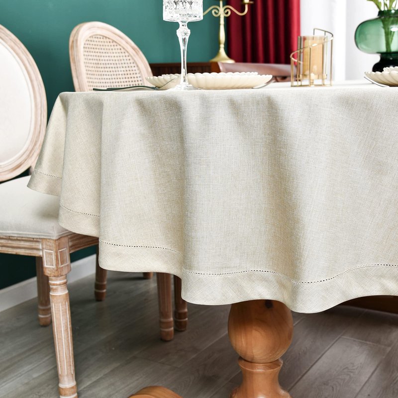 NEWISHER Farmhouse Oval Hemstitch Border Tablecloth Neutral Faux Linen Table Cloth Rustic Table Cover for Dining Kitchen Party Holiday Home (Beige, 60x84 Inch)