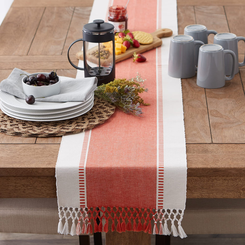 DII Dobby Stripe Woven Table Runner, 13x72 (13x77.5, Fringe Included), Spice
