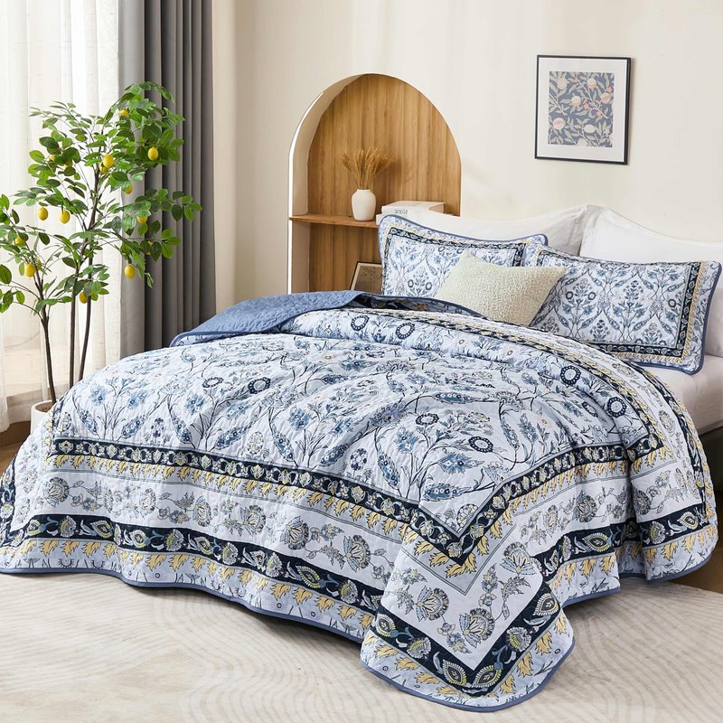 DJY King Size Quilt Sets, Navy Blue Floral Quilt Set King 3 Pieces Boho Bedspread Coverlet Set with 2 Pillowcases Soft Lightweight Microfiber Bedding for All Season (90"x104")
