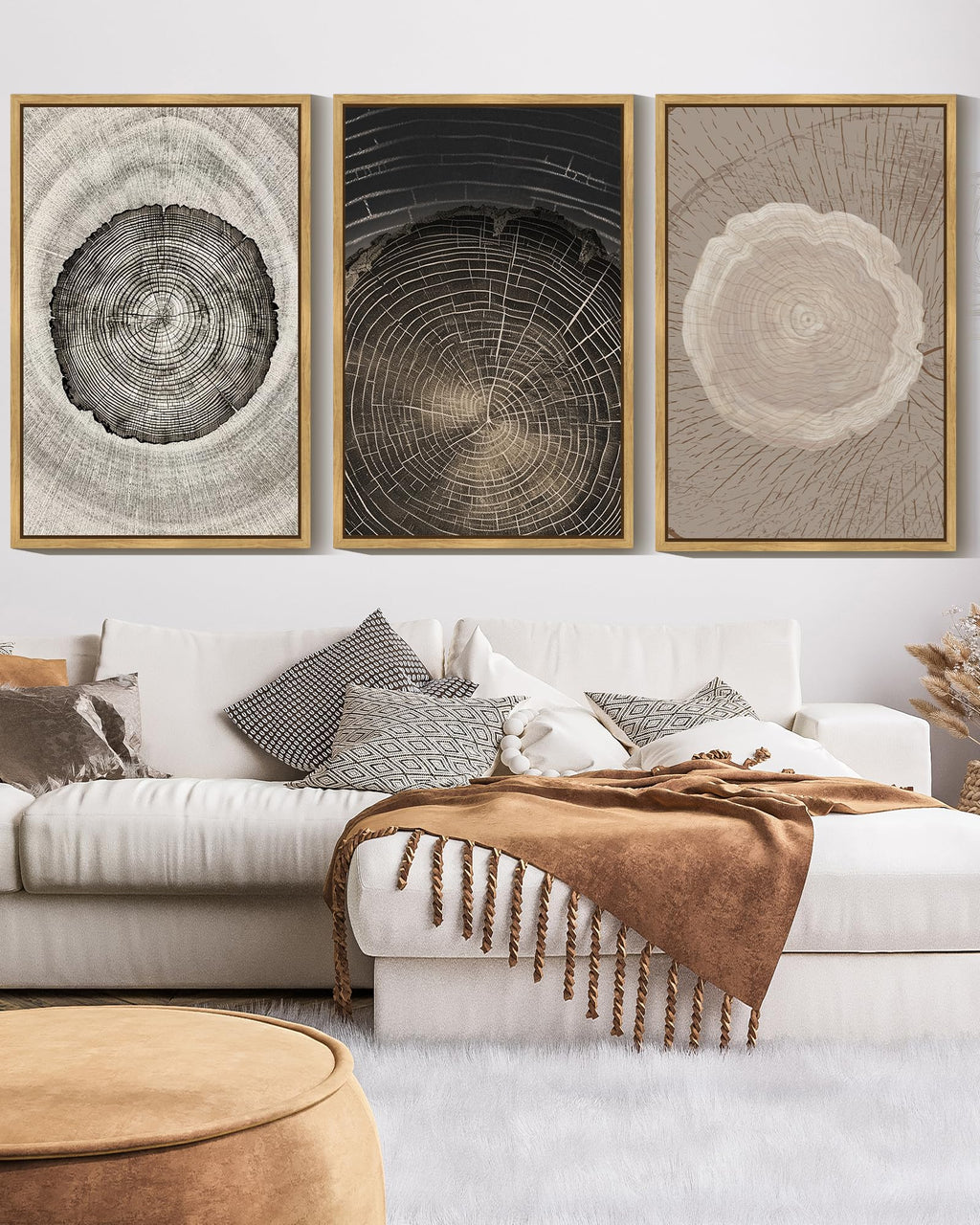 PHOPAGO Vintage Wood Tree Rings Wall Art 16x24in Farmhouse Rustic Framed Canvas Paintings Nature Artwork Natural Framed