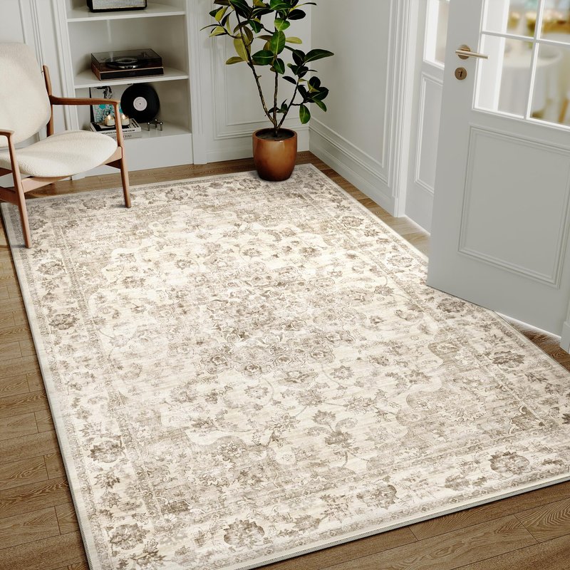 WondRg 5x7 Washable Neutral Area Rug Beige Vintage Living Room Bedroom Carpet Non-Slip Soft Low Pile Farmhouse Indoor Throw Rug for Dining Room Entryway Office