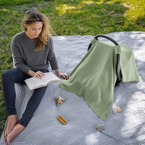 Comfy Cubs Baby Car Seat Cover - Soft Bamboo Rayon & Muslin Cotton Blend - Lightweight Sage Canopy for Sun & Bug Protection