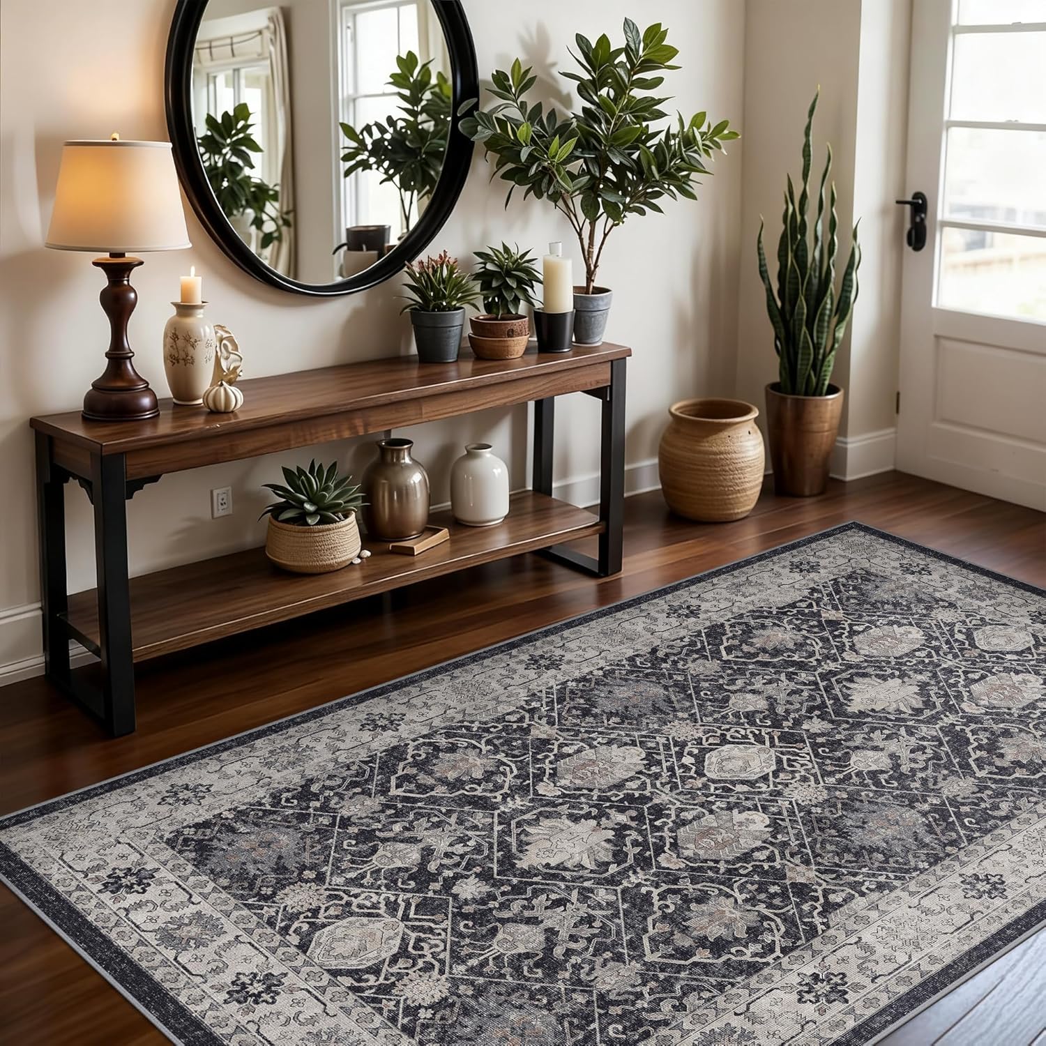 Skiennix 4x6 Living Room Area Rug - Washable Non-Slip Boho Design | Low Pile Neutral Carpet for Kids Room & Office