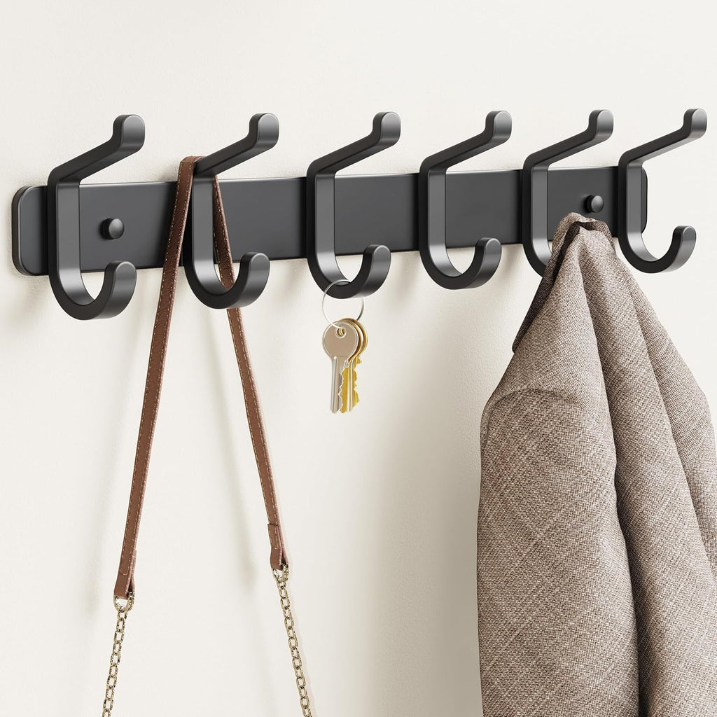Pickpiff Coat Rack - Heavy-Duty Wall Mounted Metal Hanger with 6 Hooks for Hats, Clothes, and More | Black, 1 Pack