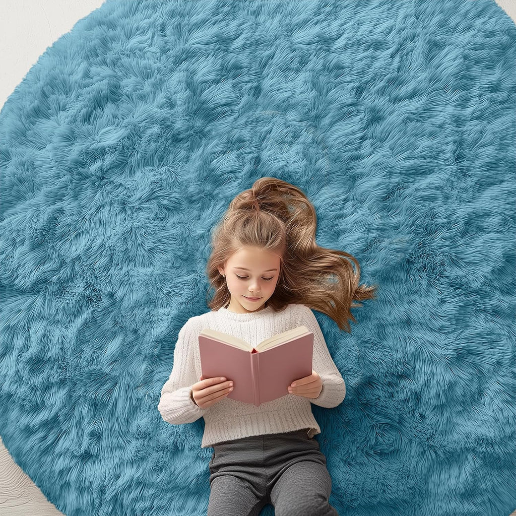 OLANLY Round Slate Blue Area Rug - Soft, Fluffy & Machine Washable 6 ft Circle Carpet for Bedrooms & Living Rooms