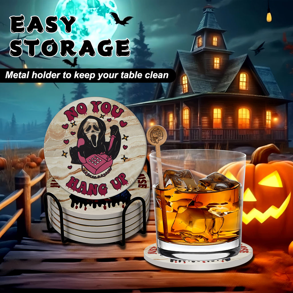 Scary Halloween Decor for Kitchen and Home,Spooky Character Stone Cork Coasters for Coffee Table Drinks,6 Pcs Scary Killer Coaster Set with Holder,Scream Themed Gift and Party Decor