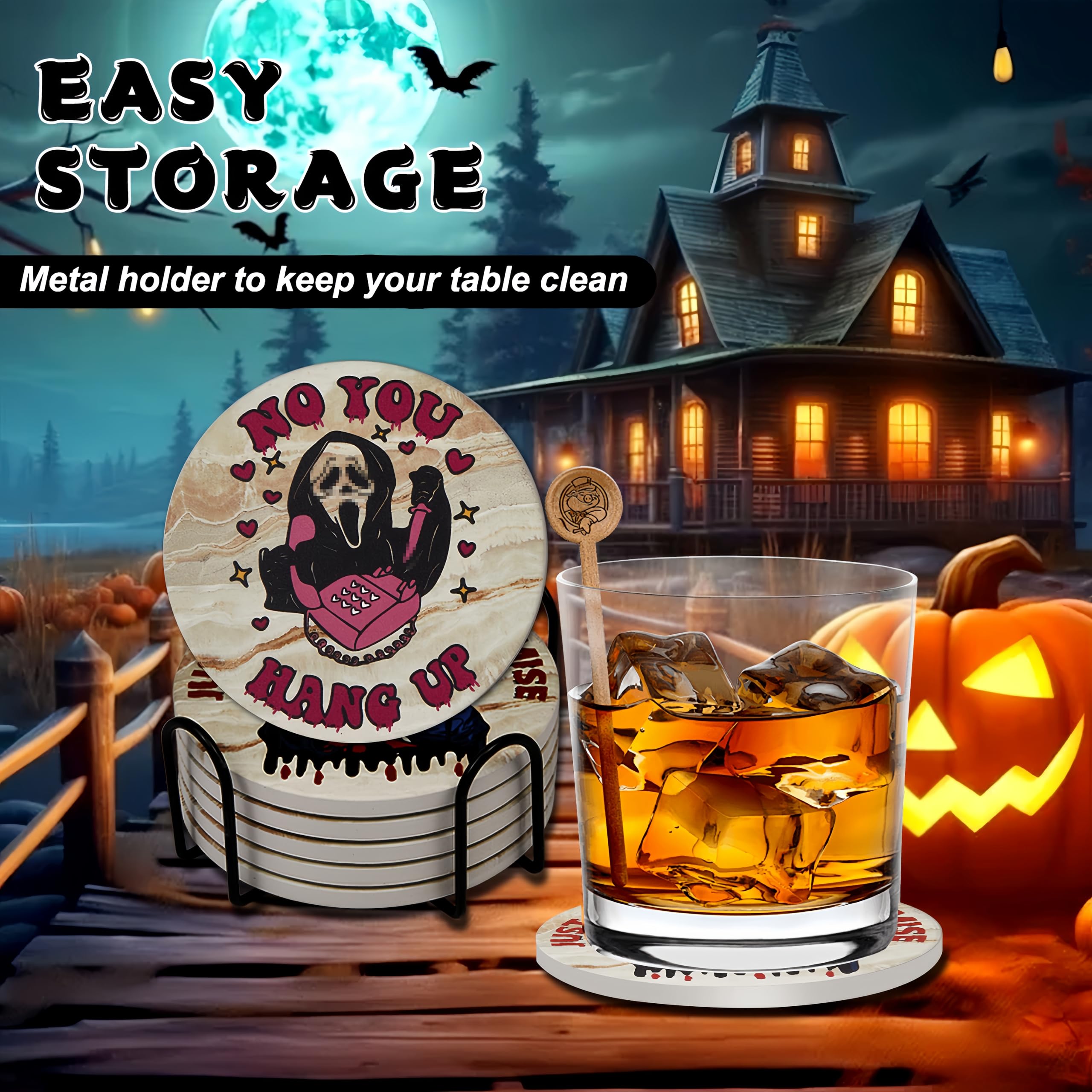 Scary Halloween Decor for Kitchen and Home,Spooky Character Stone Cork Coasters for Coffee Table Drinks,6 Pcs Scary Killer Coaster Set with Holder,Scream Themed Gift and Party Decor