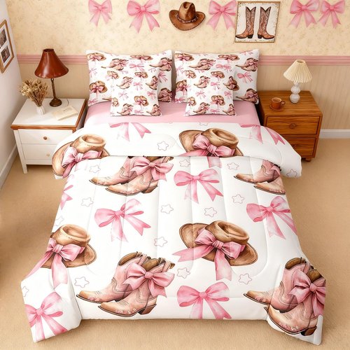 Feelyou Kids Pink Bow Twin Bed in a Bag 7 Pieces Boys Girls Cowboy Boots Comforter Set with Sheets Western Cowgirl Bedding Sets with Comforter, Pillowcases, Flat Sheet, Fitted Sheet and Cushion Cover