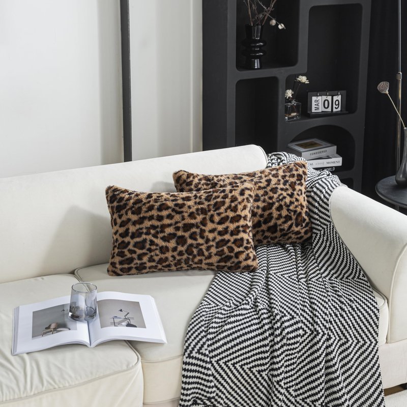 AGOKABA Leopard Print Faux Fur Throw Pillow Covers, 12x20 Inch, Set of 2, Soft Plush Animal Print Decorative Lumbar Cushion Cases for Sofa Bed Chair | Safari-Inspired Decor in Warm Terracotta Brown