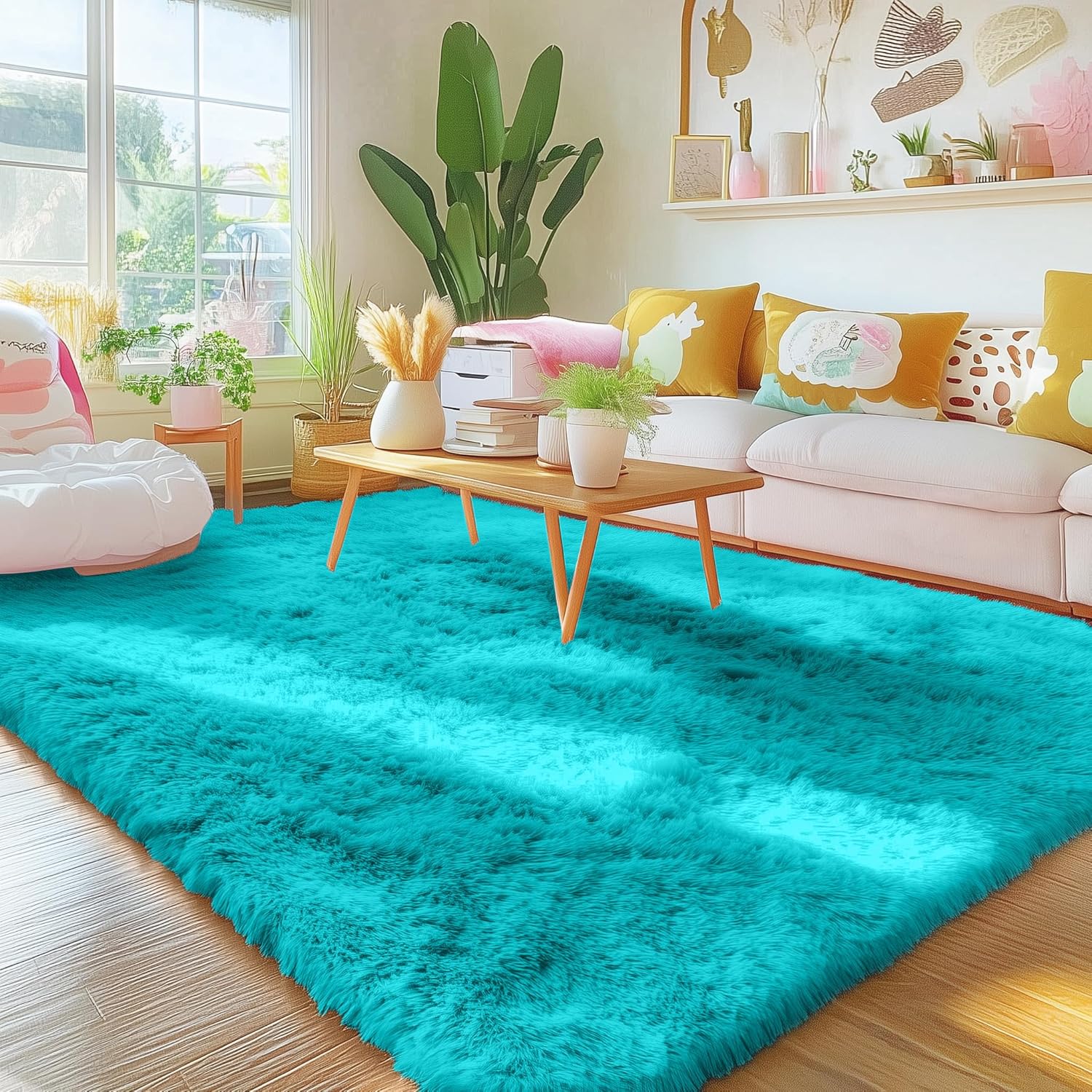 OLANLY Area Rug - Soft Fluffy Shaggy Carpet for Living Room & Bedroom | Machine Washable 4x5.9 ft in Teal Blue