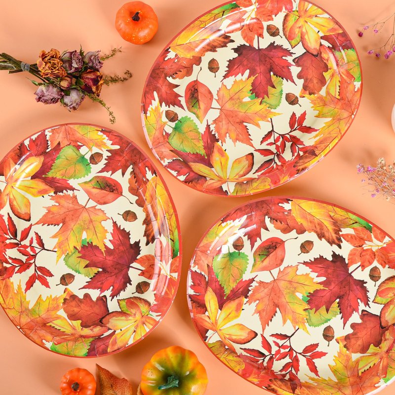 Elyxio 50 Pcs Thanksgiving Leaves Oval Paper Plates Fall Disposable Party Plates Autumn Dinner 10" X 12" Dinner Serving Dish Platters for Harvest Give Thanks Party Tableware Supplies