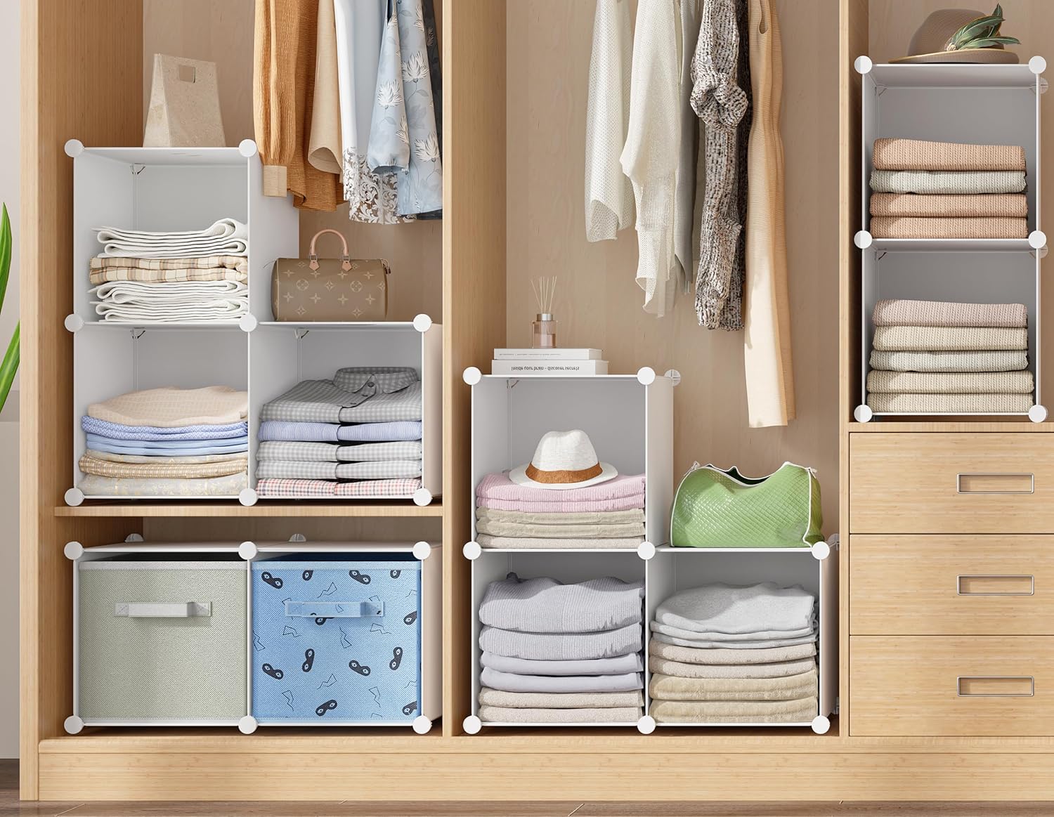 Skiennix Stackable Closet Organizers - 6 Cube Storage Solution for Bathroom & Wardrobe Organization
