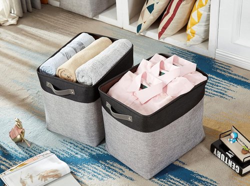 DECOMOMO Extra Large Fabric Storage Baskets - 54.5L Organizing Bins for Linen Closet & Nursery | Grey & Black, 3 Pack