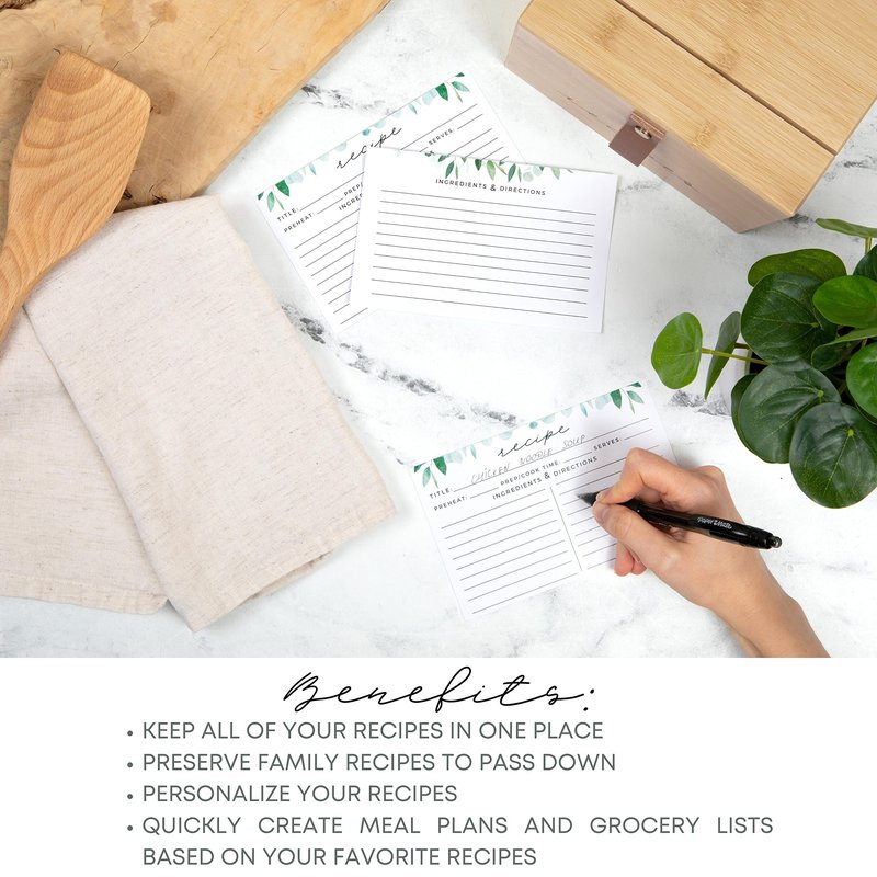 Pera Blanca Recipe Box with Cards and Dividers | Faux Leather Handle | 50 Eucalyptus Patterned Recipe Cards | Wooden Box | Housewarming Gift | 4x6
