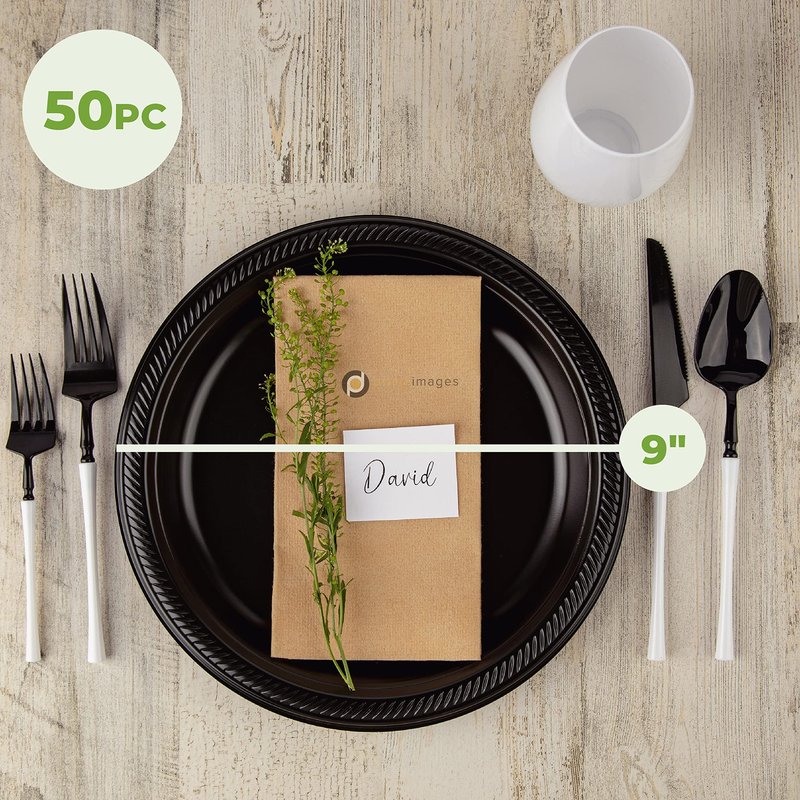 Framo Disposable Black Plastic Plates, Pack of 120-9-Inch Round Plastic Plates Special Events, Party, Dinner, Picnic, or Travel - Bulk Pack Party Supplies