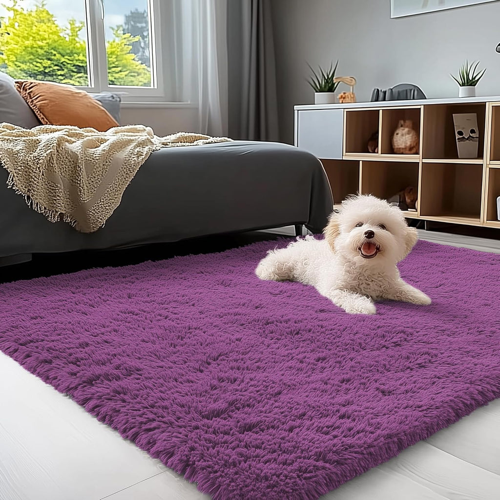OLANLY Soft Fluffy 3x5 Machine Washable Bedside Rug - Dark Purple Shaggy Carpet for Kids & Nursery