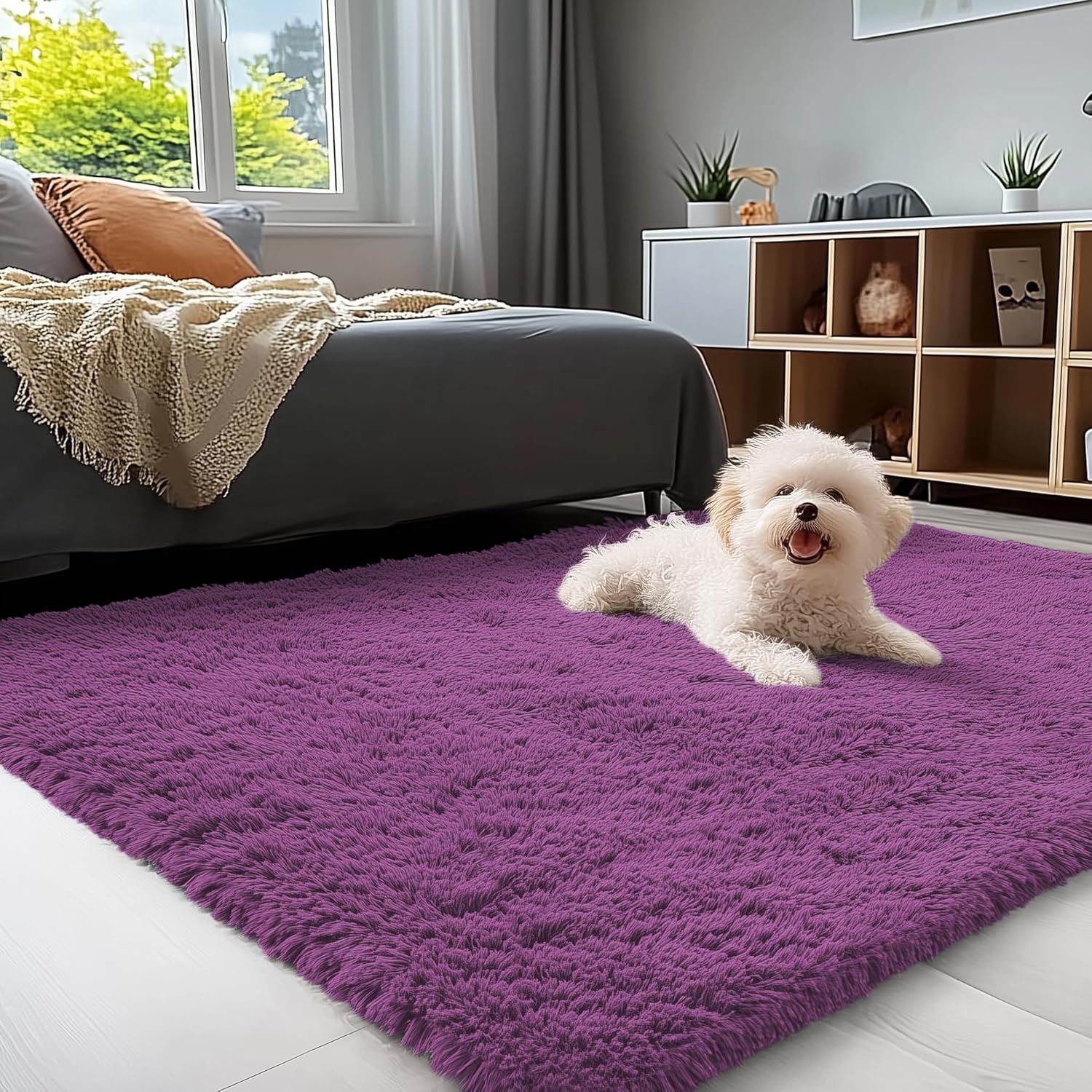 OLANLY Soft Fluffy 3x5 Machine Washable Bedside Rug - Dark Purple Shaggy Carpet for Kids & Nursery