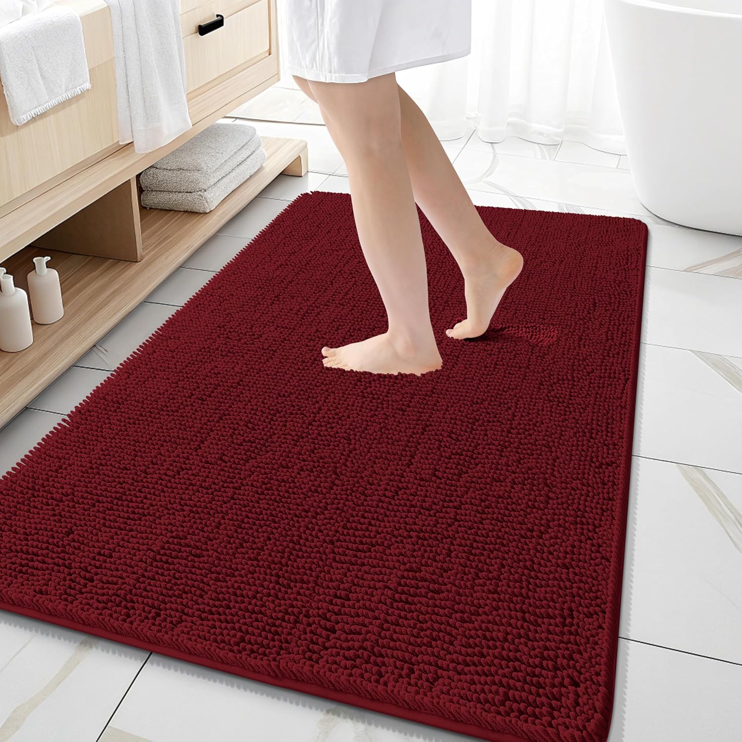 OLANLY Large Bath Rugs - Extra Soft Chenille, Quick Dry & Machine Washable | 59x35, Burgundy