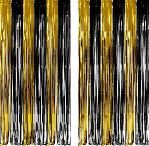 GREATRIL Black and Gold Party Streamers - Foil Fringe Backdrop for NYE, Anniversaries & More | 3.2ft x 8.2ft - 2 Packs