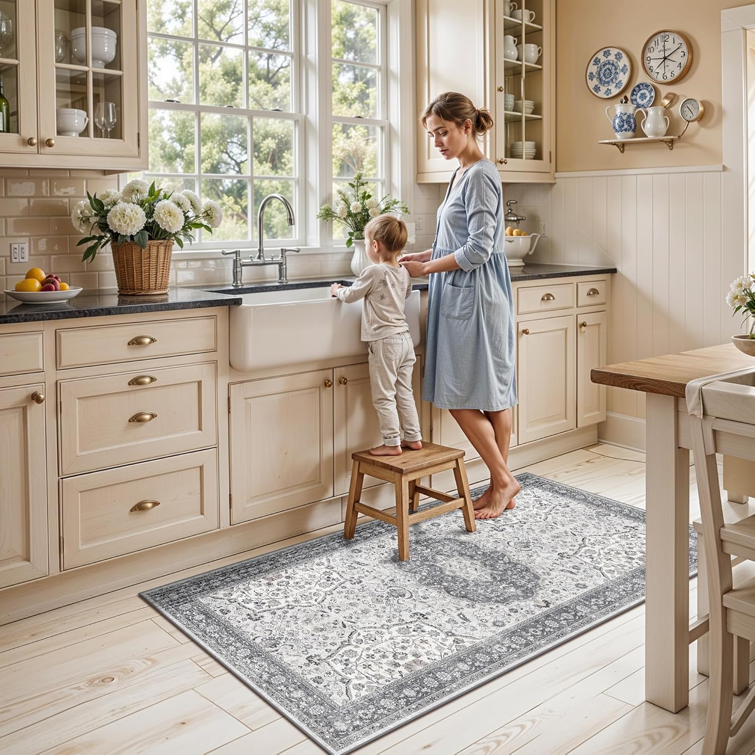 Skiennix Washable Kitchen Sink Rug - Non-Slip, Soft, Stain Resistant | 2x4 ft, Grey Boho Decor