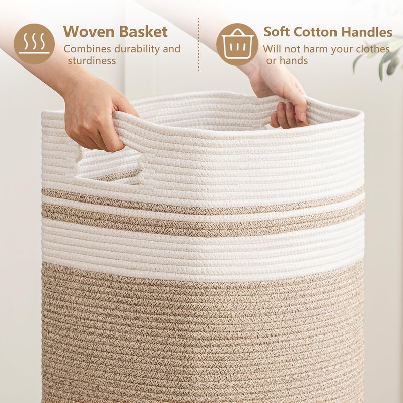 joybest Cotton Laundry Basket, Large Woven Rope Basket with Handles for Living Room and Bedroom, Stylish Storage Basket for Blankets, Toys, Clothes and Pillow - 22x16x13 Inches Gradient Brown