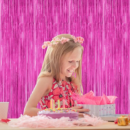 Hot Pink Party Decorations by [Brand Name] - 2 Pack Metallic Foil Backdrop | 3.28 FT x 7.05 FT Tinsel Curtains