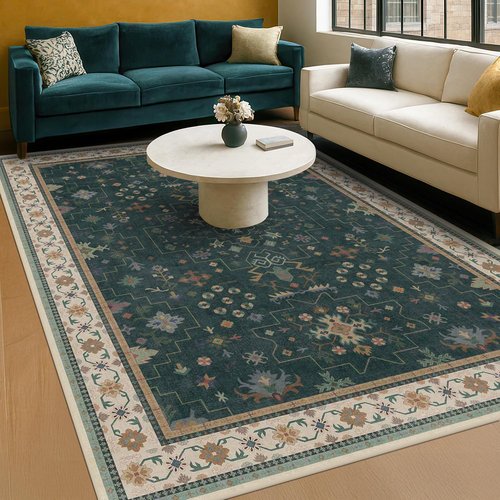Hazo Haus Vintage Dark Green 6x8 Dining Room Rug - Washable Floral Low Pile Area Rug