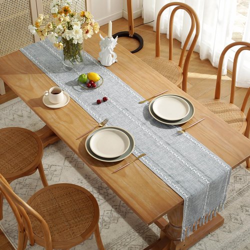 JIALE Table Runner, Rustic Farmhouse Table Runners with Tassels, Boho Cotton Linen Table Runner for Table Decorations, Holiday Party and Wedding, 90 Inches,Blue