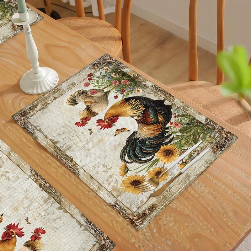 Rooster Placemats Set of 6 Farmhouse Roosters Imitation Linen Placemat Vintage Rustic Chicken Heat Resistant Dining Daisy Flowers Table Place for Kitchen Indoor Restaurants Party 12''x18''