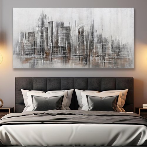 Abstract Wall Art Modern Art Wall Decor Canvas Printed Matter Gray Brown Abstract City Reflection Framed Artwork Canvas Painting for Living Room Bedroom Office Home Decor 24x48 Inch