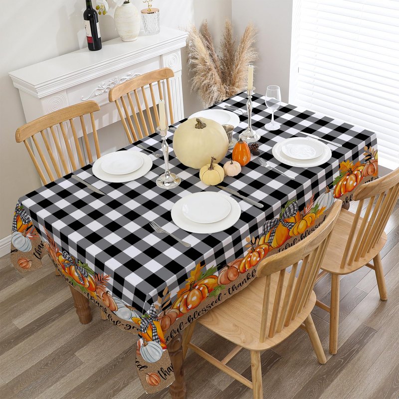 cusugbaso Fall Square Tablecloth 52x52 Inches, Black Plaid Pumpkins Fall Decorations for Home - Water Resistant Thanksgiving Table Cloth Rectangle for Party, Dinner, Indoor