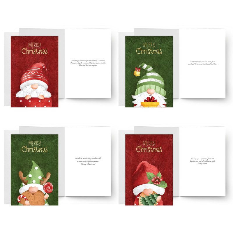 easykart labels 60 Christmas Gnome Cards with Envelopes & Sealing Stickers, 4 Christmas Theme Santa Designs With Gold Foling effect, 6.75" x 4.5" For Friends, Family and loved Ones