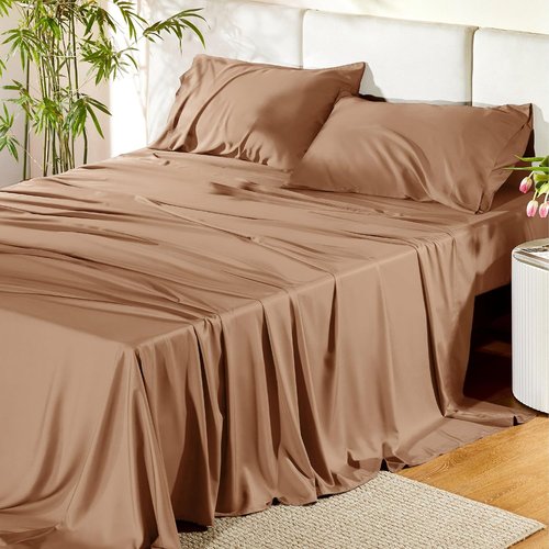 Bedsure Cooling Bed Sheets - Breathable Rayon from Bamboo | Soft & Silky Full Size Bedding, Khaki