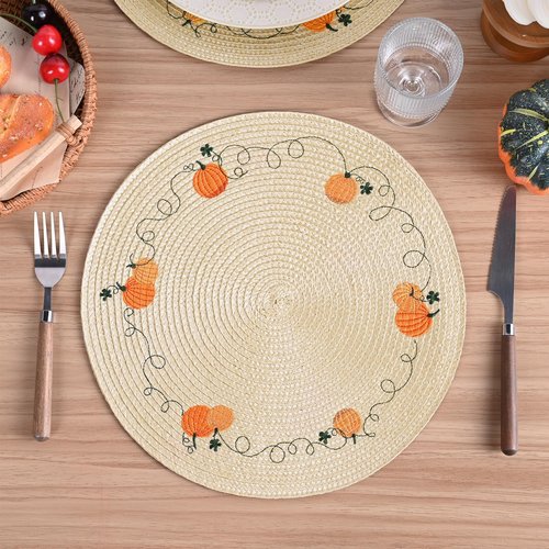 Feuille Round Fall Placemats Set of 4 PP Pumpkin Placemats for Dining Table Thanksgiving Harvest Placemats Perfect for Autumn Decorations