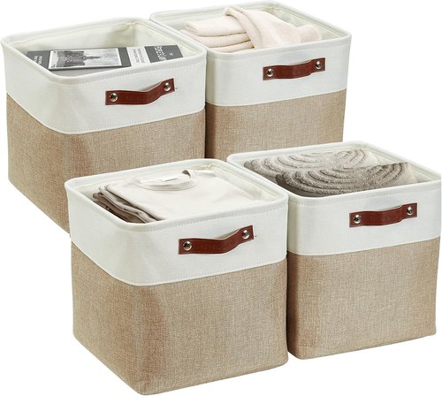 DECOMOMO Storage Cubes - 11x11 Cube Storage Bins | Beige & White, 4 Pack for Organized Shelving