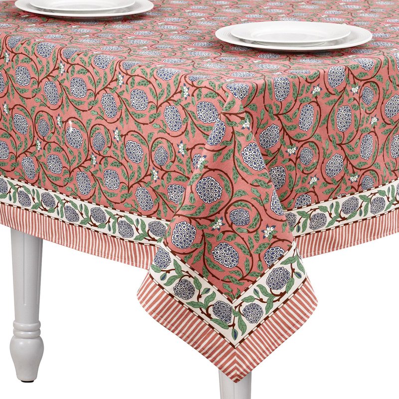 Newtay 60'' x 90'' Hand Block Print Mahjong Table Cloth Square Cotton Floral Tablecloth Washable Print Rectangle Table Cover with Dust Proof for Kitchen Dining Party(60'' X 90'',Dark Salmon,Pink)