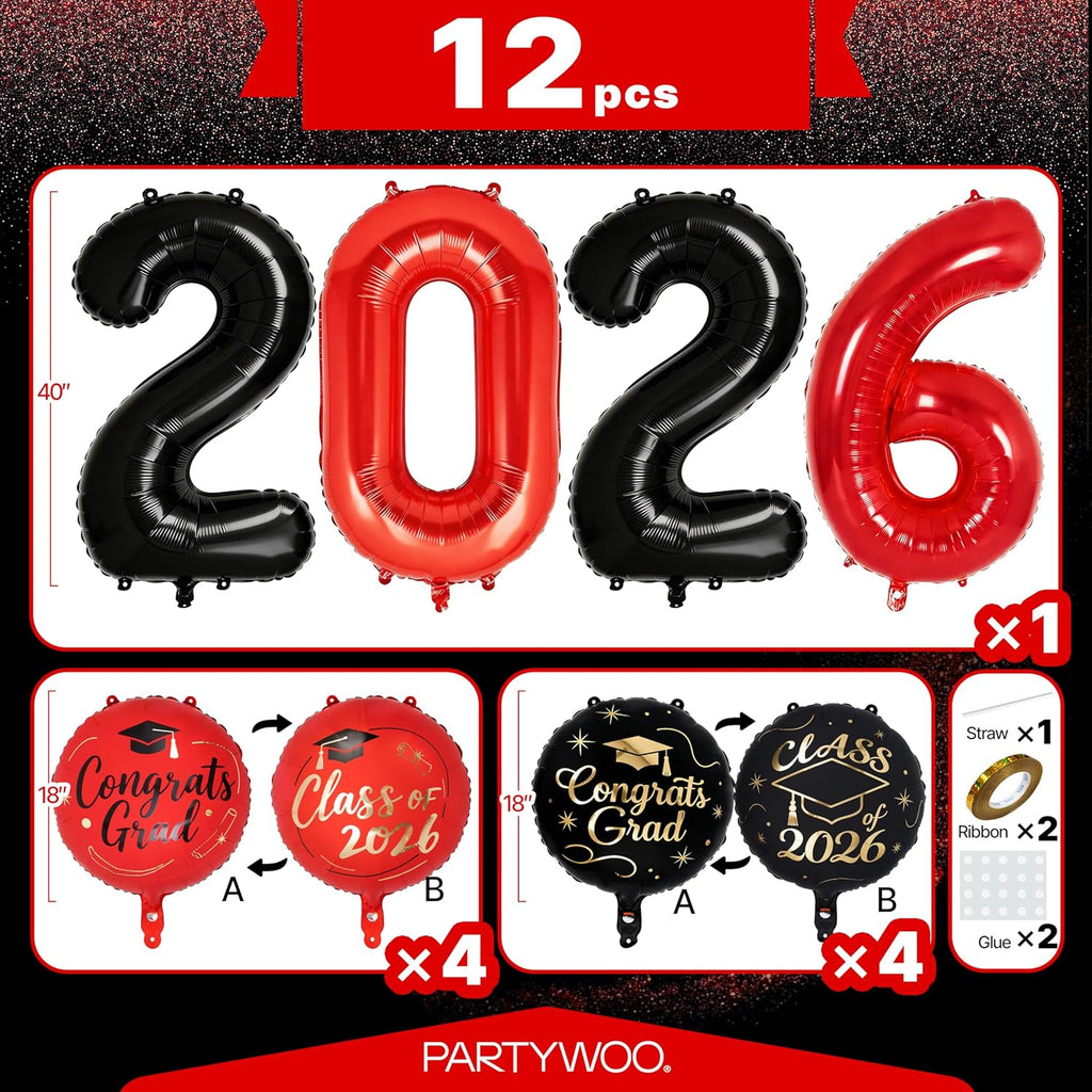 PartyWoo Graduation Balloons - Class of 2026 Foil Number & Mylar Balloons | Black, Red, Gold, 12pcs Set