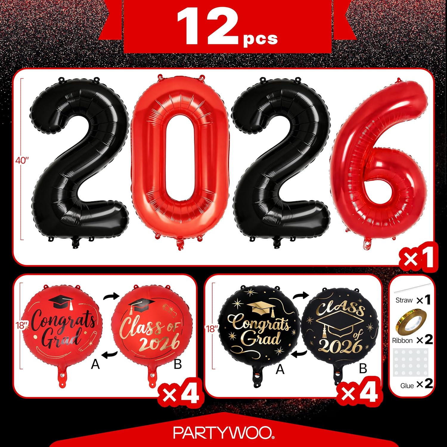 PartyWoo Graduation Balloons - Class of 2026 Foil Number & Mylar Balloons | Black, Red, Gold, 12pcs Set