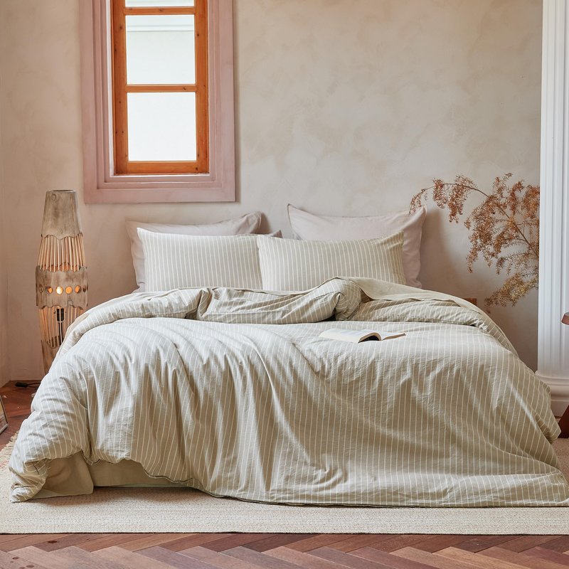 QKTE Striped 100% Washed Cotton Duvet Cover Set King Size 3Pcs(1 Comforter Cover&2 Pillowcases), Natural Cotton Bedding Set Soft Breathable Farmhouse Zipper Closure All Seasons(Khaki-White,King)