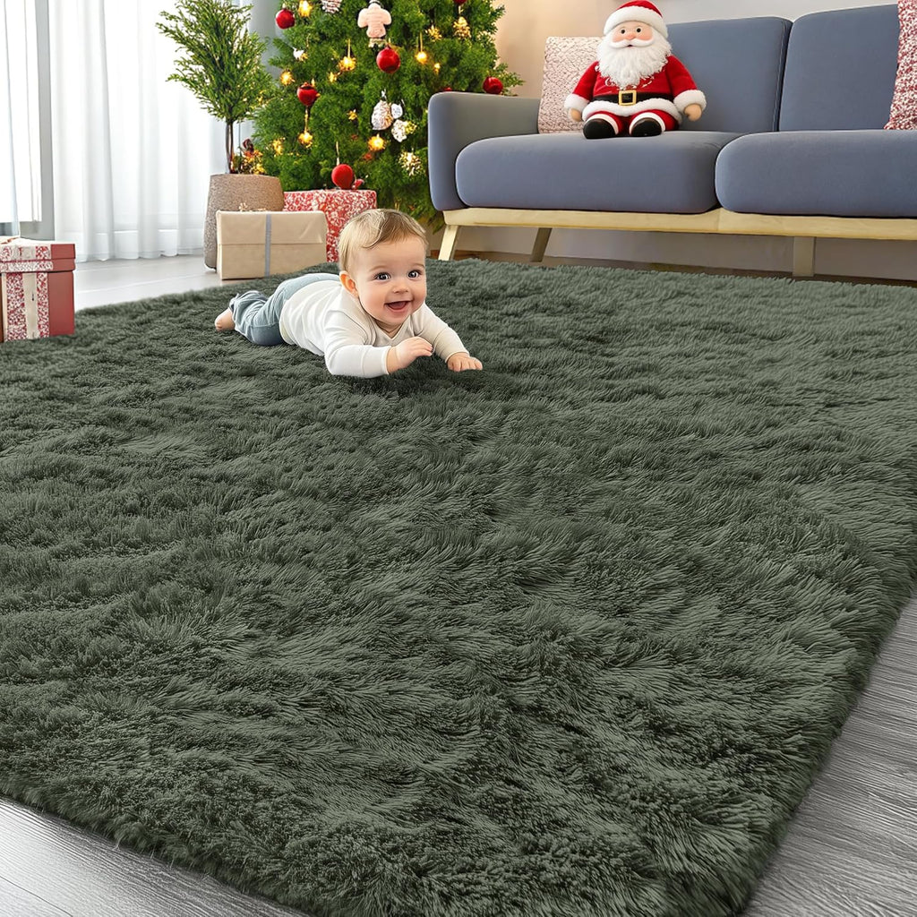OLANLY Large Area Rug - Soft Fluffy Shaggy Carpet for Living Room & Bedroom | 8x10 Olive Green