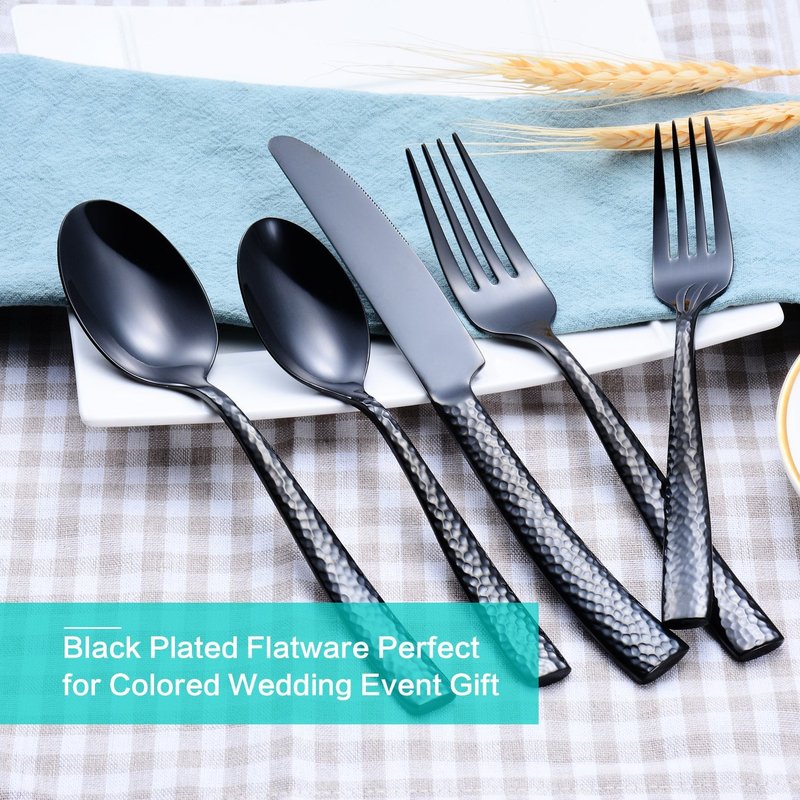 Flatasy Silverware Set Black Hammered Pattern Flatware Cutlery Stainless Steel Utensil 20 Pieces Spoons Forks and Knives Service for 4